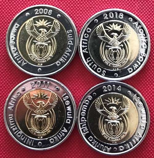FAB FOUR uncirculated bi-metal R5 Mandela coins in ziplock bags (2008, 2011, 2014 & 2018)