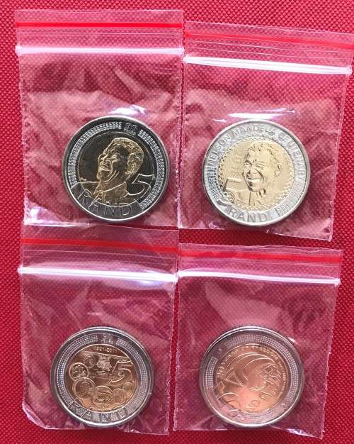 FAB FOUR uncirculated bi-metal R5 Mandela coins in ziplock bags (2008, 2011, 2014 & 2018)