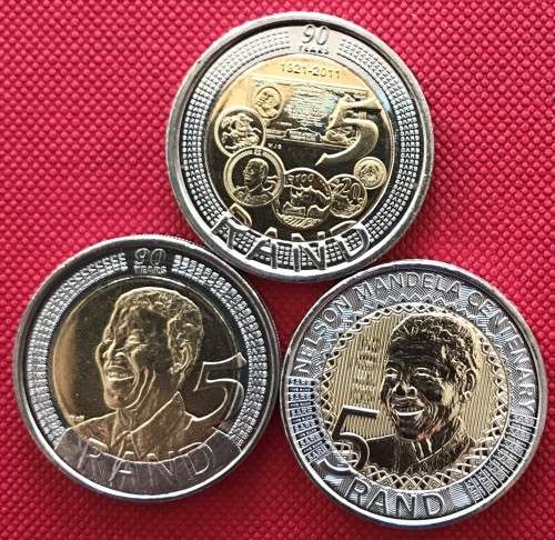 TIP TOP TRIO of uncirculated bi-metal R5 Mandela coins in ziplock bags (2008, 2011 & 2018)