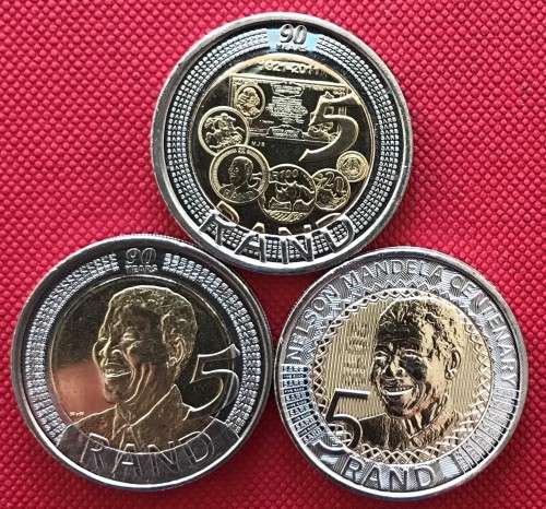 TIP TOP TRIO of uncirculated bi-metal R5 Mandela coins in ziplock bags (2008, 2011 & 2018)