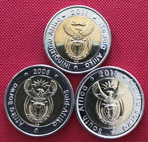 TIP TOP TRIO of uncirculated bi-metal R5 Mandela coins in ziplock bags (2008, 2011 & 2018)