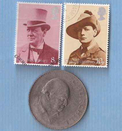 Winston Churchill 1965 Commemorative Crown & Stamps of Churchill as a young man