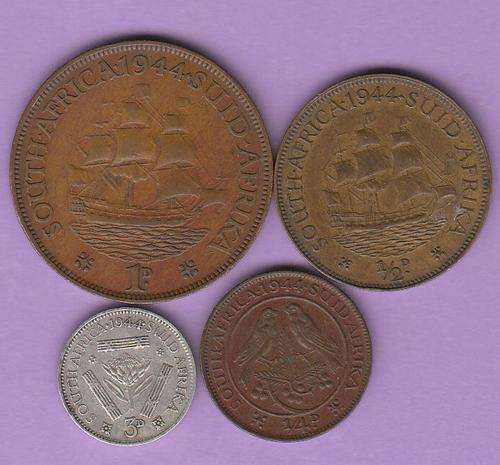 SA Union 1944 Tickey Penny Halfpenny and Farthing