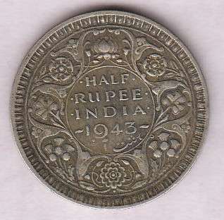 Beautifull Indian 1943 Silver Half Rupee coin