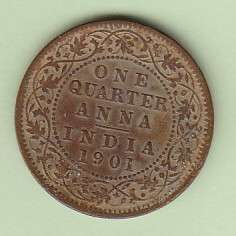 India 1901 Copper Quarter Anna - Queen Victoria