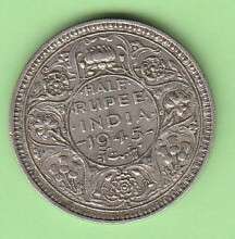 1945 Indian Silver Half Rupee Coin - Emperor George VI