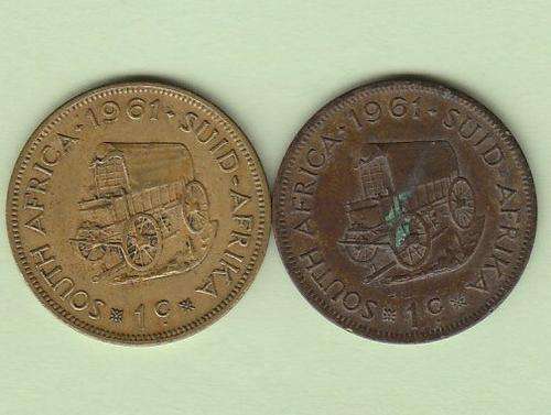 1st Decimal Series 1961 1 cent coins - two colours