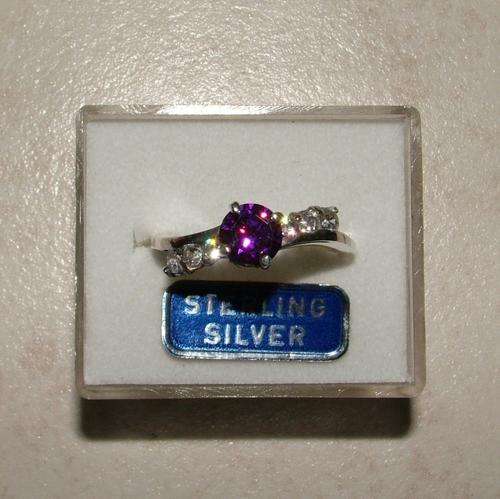 LOVELY .925 SOLID STERLING SILVER AMETHYST AND DIAMOND RING : SIZE 8
