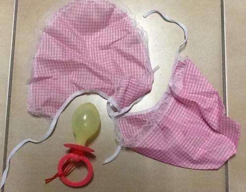 Adult bonnet, bib and dummy set for babyshower - pink for girl