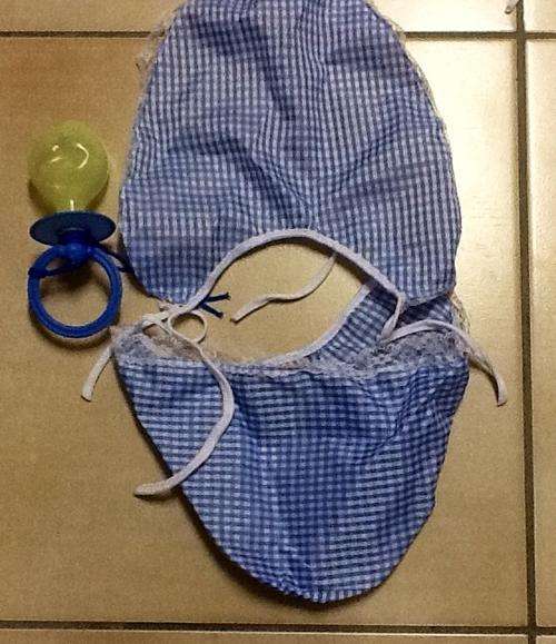Adult bonnet, bib and dummy set for babyshower - blue for boy