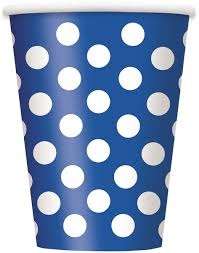 Blue polka dot paper cups, 10 per pack