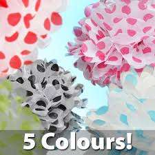 Tissue paper decorative pom pom 24cm, White with dark pink dots