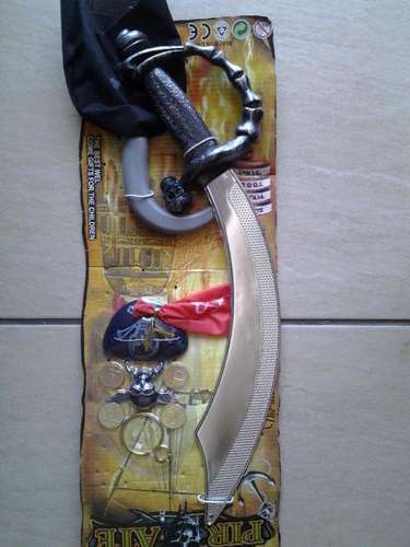 Pirate dress up set, hook, sword, eyepatch, coins, earring.