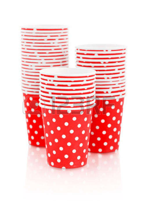 Red polka dot paper cups, 10 per pack, was R14 now R10