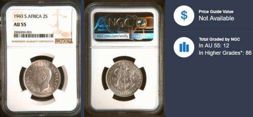 1943 Union 2 Shillings AU55 NGC 2826939-055