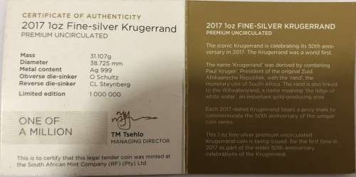 2017 50 year Anniversary Commemorative Mint Marked Silver Krugerrand