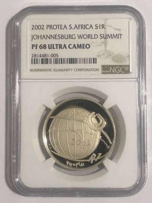 2002 Protea Silver Johannesburg World Summit R1 Crown NGC PF68 Ultra Cameo