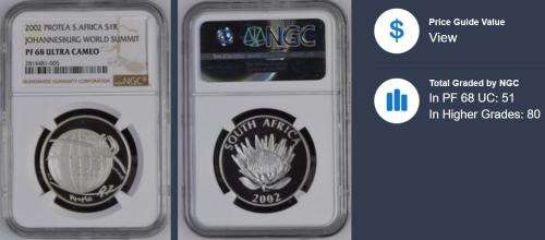 2002 Protea Silver Johannesburg World Summit R1 Crown NGC PF68 Ultra Cameo