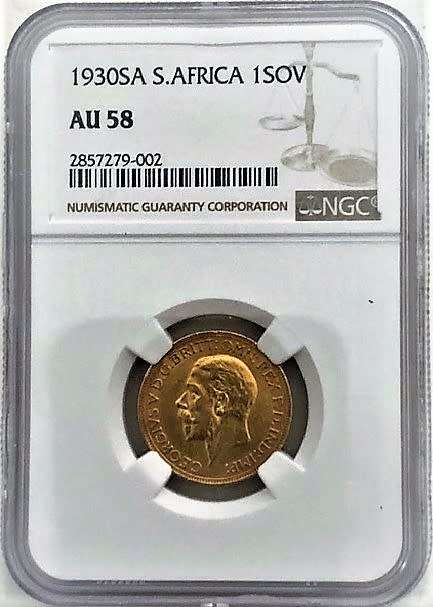 1930 1 Pound - NGC AU58 (Mint marked - SA on `ground` below horse`s hooves - see Herns Catalogue)