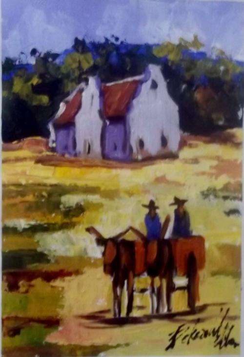 Artist Bekezela, Acrylics on Canvas, 29 x 21 cms, "Lesotho Cowboys"