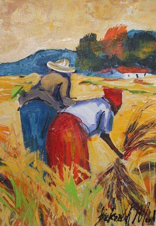 Artist Bekezela, Oil on Canvas, 30 x 20 cms, "The Harvesters", Nice Work