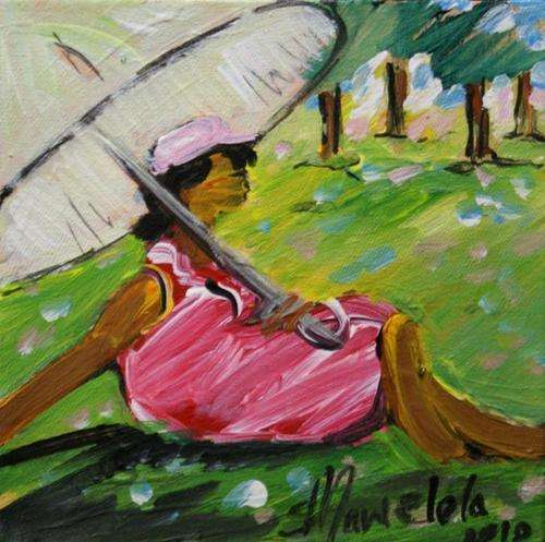 Stanley Mawelela, Oil on Canvas, 20 x 20 cms, "The Umbrella Lady", Emerging Talent Artist