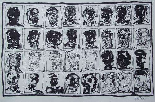 Walter Battiss, Ink Drawing on Paper, 25 x 36 cms, "Faces", Authentification