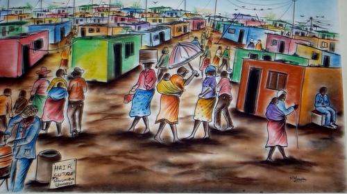 Moses Masoko, 2006, Charcoal, Pencil and Pastels,"Township Life", Big Size