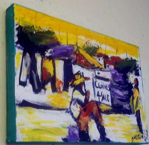 Shelton Khumalo, 50 x 38 x 4 cms, Oil on Canvas, "Afternoon", Emerging Talent Artist, box framed