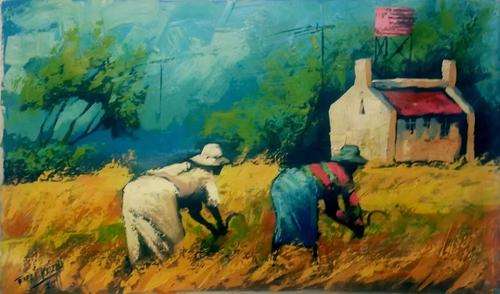 Tendai Kazaili, Ex Tanzania, Oil on Canvas, 93 x 56 cms, "The Harvesters"