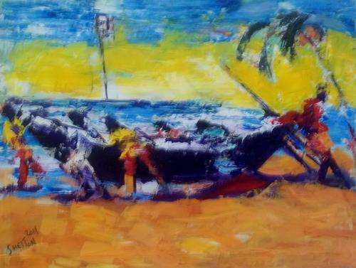 Shelton Khumalo, "Mooring the Craft", 80 x 60 x 4 cms, Oil on Canvas. Box Framed