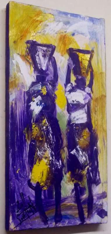 Shelton Khumalo, 66 x 32 x 4 cms, Oil and on Canvas,"The Waterbearers", box framed
