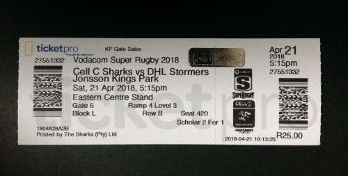 Sharks v W Province rugby ticket (2018)