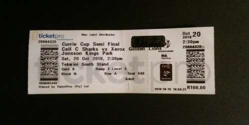 Sharks v Lions semi final rugby match ticket (2018)
