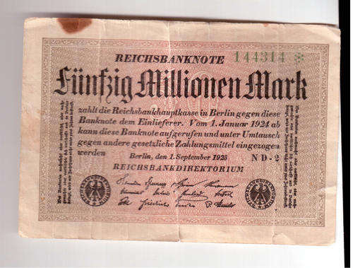 1923 German Reichs Bank Note ~ UNC ~ 50 000 000 Mark