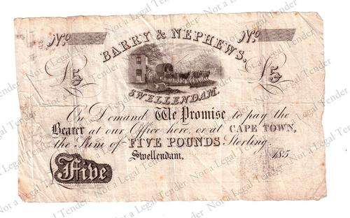 1850's Unissued ~ Barry & Nephews. ~ 5 Pounds ~ Swellendam