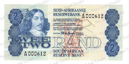 TW de Jongh ~ 2 Rand ~ A14 000612 ~ UNC ~ Great Serial Number.