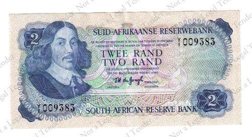 TW de Jongh ~ 2 Rand Replacement Note ~ Y1 009383~ AU ~ Great Serial Number!!!