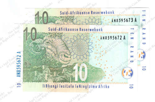 TT Mboweni, 2nd Issue  2 x Consecutive  R10`s ` UNC` AN 8595672 - 73 A