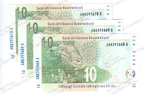 TT Mboweni, 2nd Issue  3 x Consecutive  R10`s ` UNC` AN8595668 - 70 A