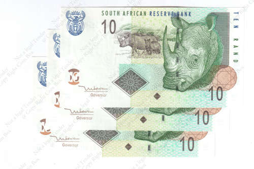 TT Mboweni, 2nd Issue  3 x Consecutive  R10`s ` UNC` AN8595668 - 70 A