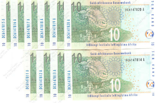 TT Mboweni, 2nd Issue  10 x Consecutive UNC  R10`s ` DC6147811 - 20 A