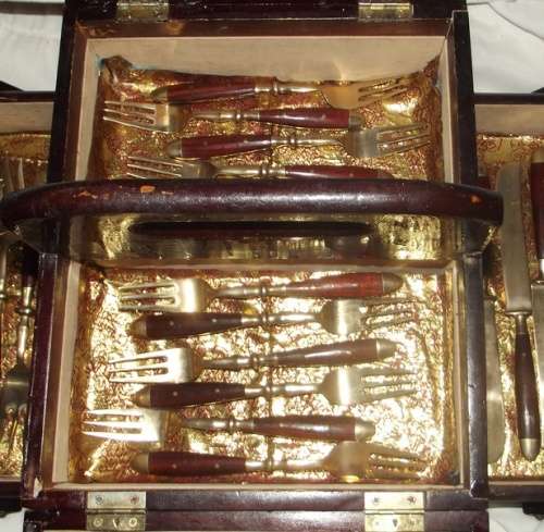 60 piece brass and wood cutlery set