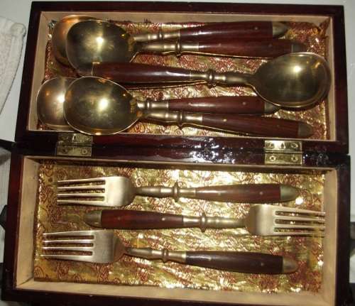 60 piece brass and wood cutlery set