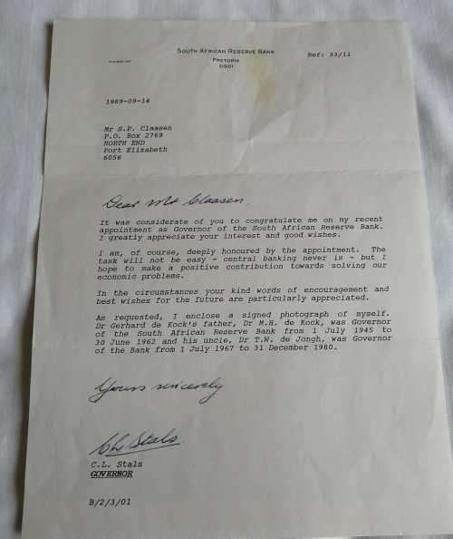 C.L.  Stals Governor of SARB. Bank note collection with signed Photo and signed letter from SARB.