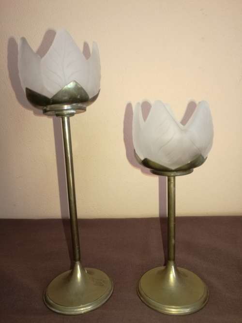 2 X BRASS/GLASS CANDLEHOLDER