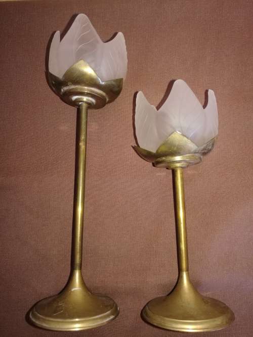 2 X BRASS/GLASS CANDLEHOLDER