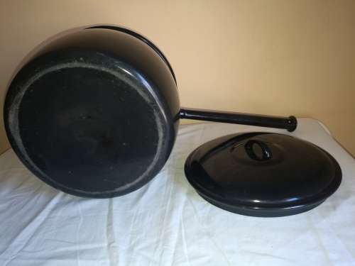 HUGE LONG HANDLE BLACK ENAMEL POT AND LID
