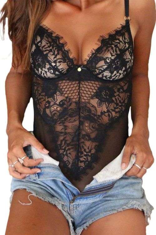 Black Sheer Mesh Lace Cupped Teddy Lingerie