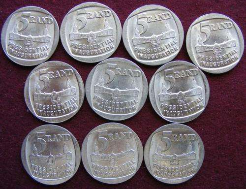 Ten  R5  MANDELA  INAGURATION COINS IN A/UNC CONDITION.